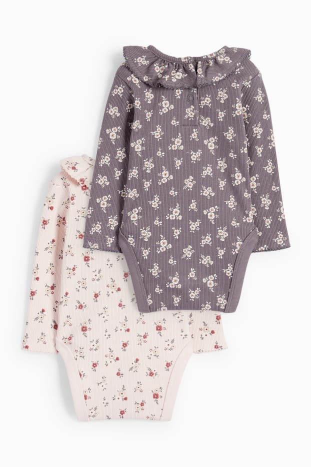 Bébés filles - Lot de 2 - petites fleurs - bodys bébé - gris / rose