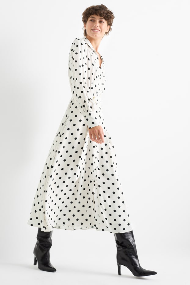 Women - Viscose shirt dress with belt - polka dot - cremewhite
