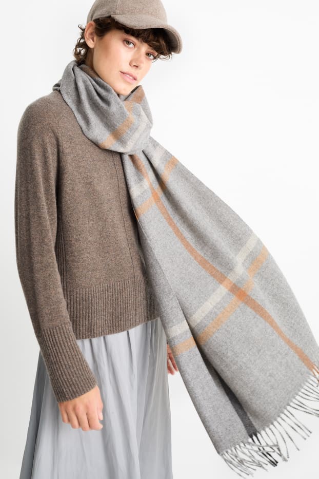 Donna - Sciarpa con frange - a quadretti - grigio