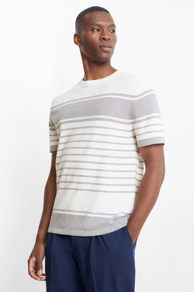 Herren - Strickpullover - kurzarm - gestreift - strukturiert - hellgrau