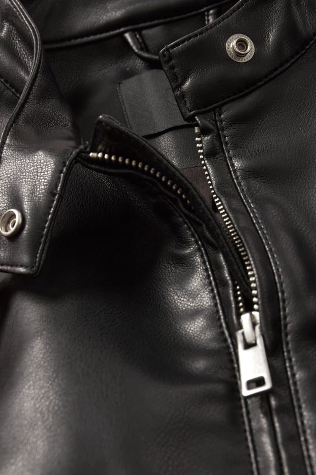 Damen - Crop Bikerjacke - Lederimitat - schwarz