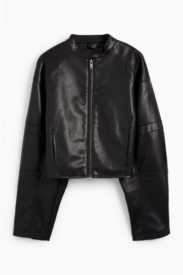 Damen - Crop Bikerjacke - Lederimitat - schwarz