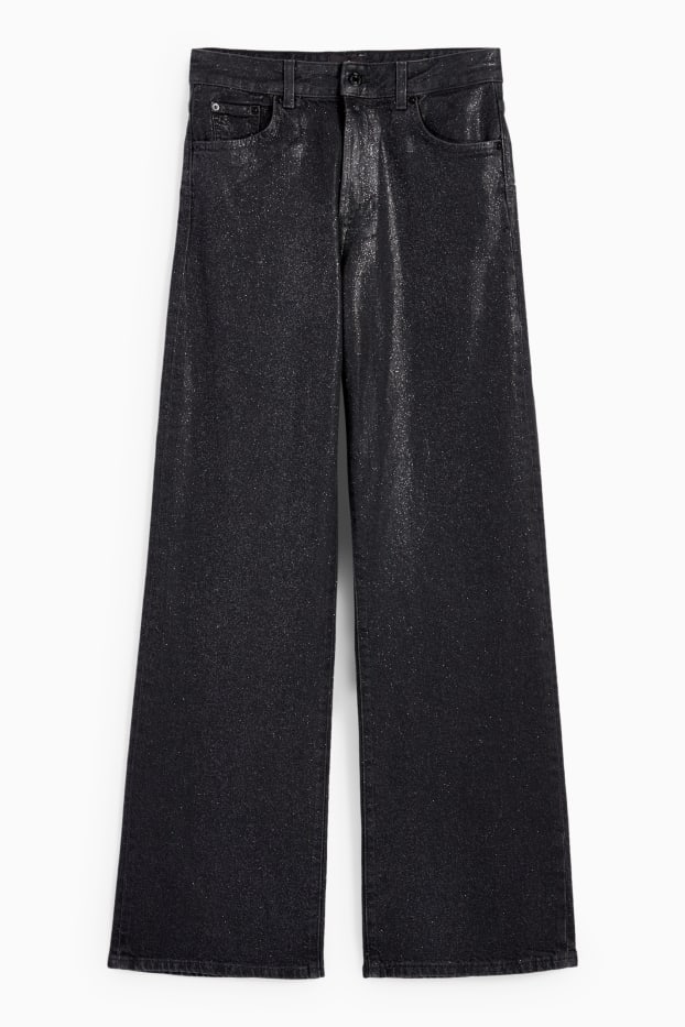 Damen - Wide Leg Jeans - Mid Waist - Glanz-Effekt - schwarz