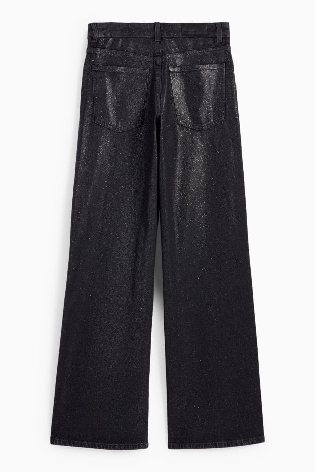 Damen - Wide Leg Jeans - Mid Waist - Glanz-Effekt - schwarz