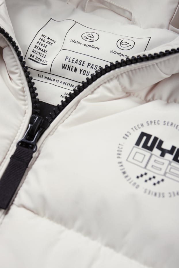 Kinderen: jongens - Bodywarmer met capuchon - waterafstotend - crème wit