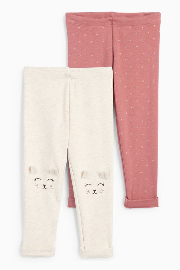 Enfants filles - Lot de 2 - chat et cœur - leggings - beige clair