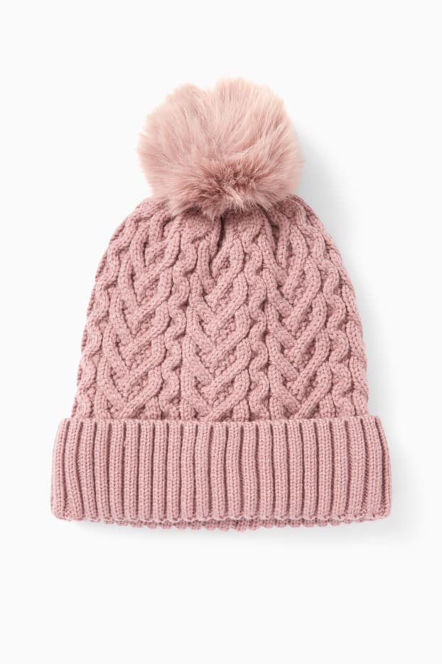 Children Girls - Pom-pom hat - cable knit pattern - dark rose