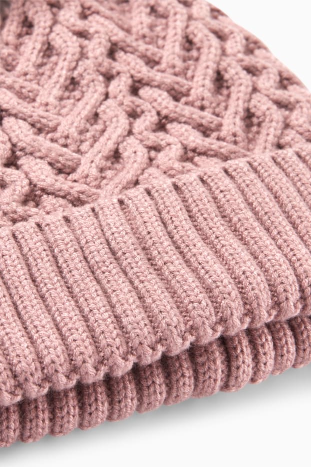 Children Girls - Pom-pom hat - cable knit pattern - dark rose
