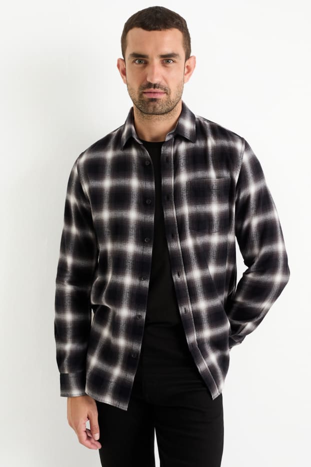 Heren - Overhemd - regular fit - kent - geruit - zwart
