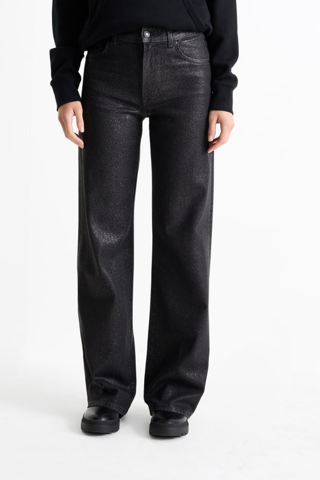 Damen - Wide Leg Jeans - Mid Waist - Glanz-Effekt - schwarz