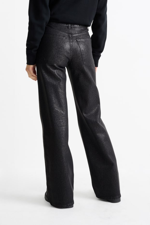 Damen - Wide Leg Jeans - Mid Waist - Glanz-Effekt - schwarz