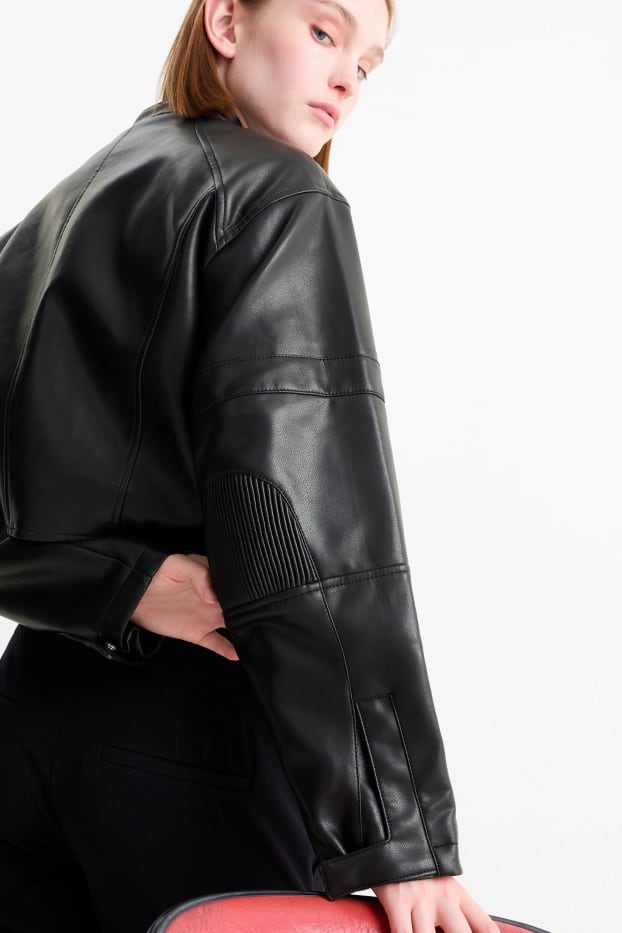 Damen - Crop Bikerjacke - Lederimitat - schwarz