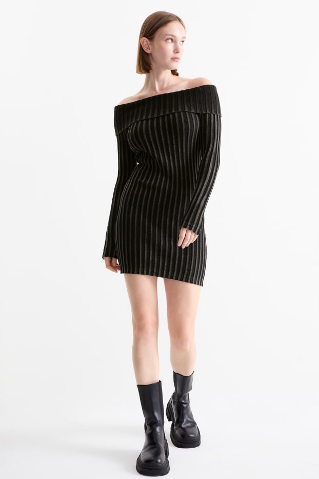 Damen - Figurbetontes Off-Shoulder-Kleid - gerippt - schwarz