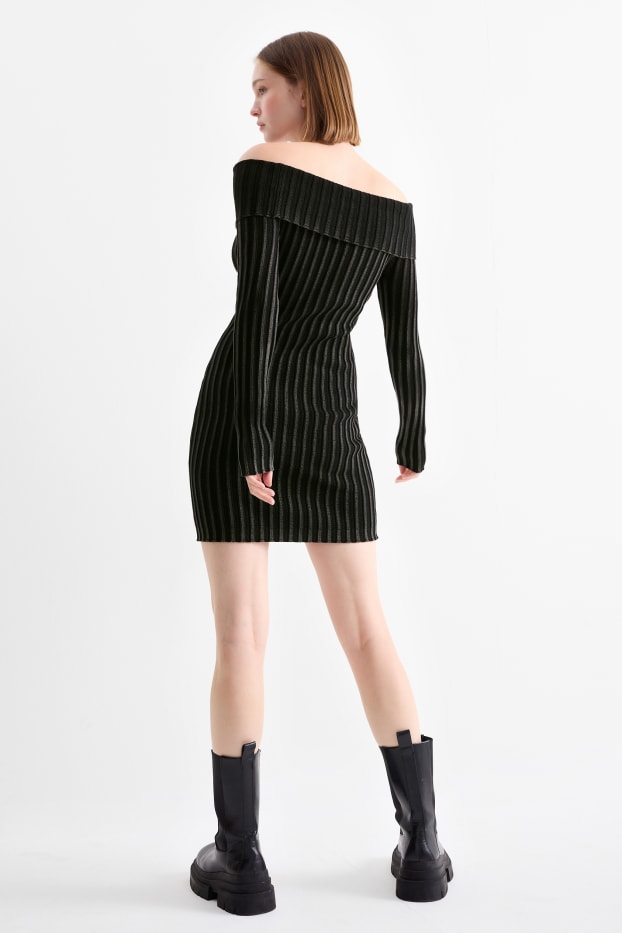 Damen - Figurbetontes Off-Shoulder-Kleid - gerippt - schwarz