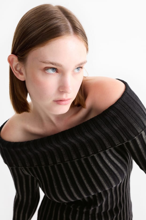 Damen - Figurbetontes Off-Shoulder-Kleid - gerippt - schwarz