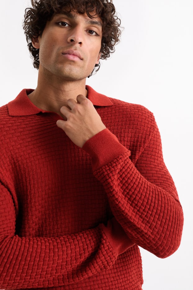 Hommes - Pull - texturé - rouge foncé