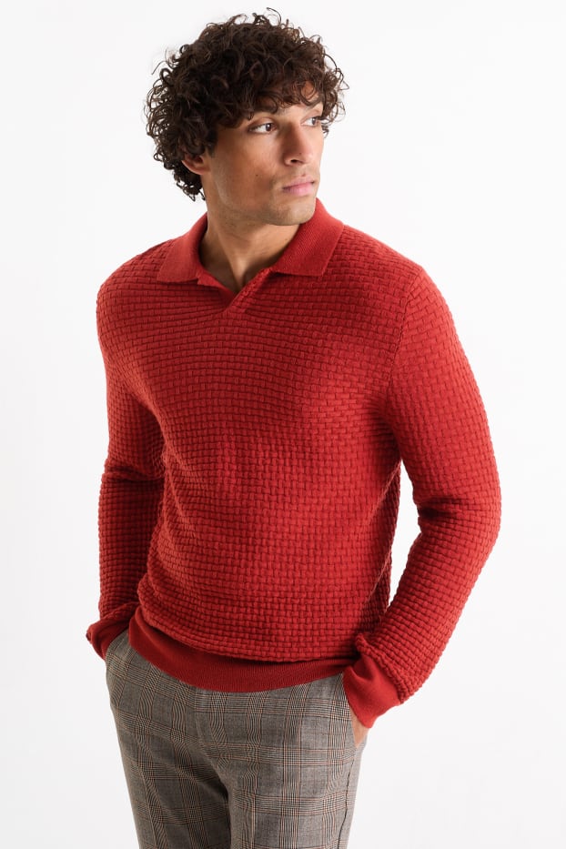 Hommes - Pull - texturé - rouge foncé