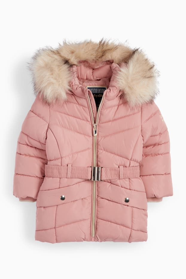 Kinder Mädchen - Steppmantel mit Kapuze, Kunstfellbesatz und Gürtel - pink
