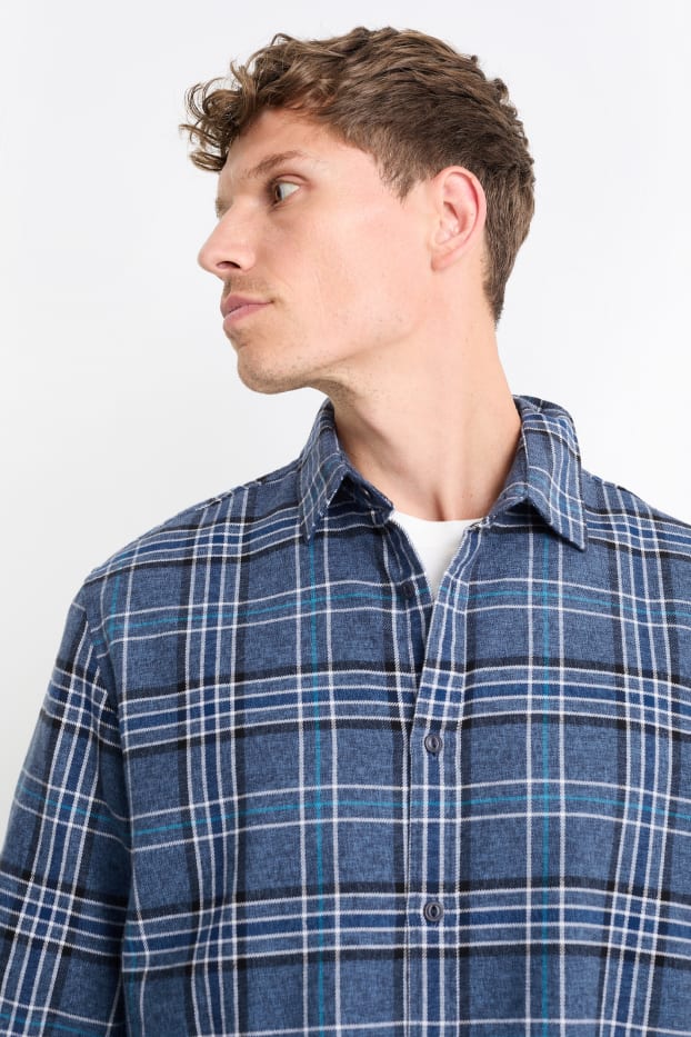 Uomo - Camicia - regular fit - collo all'italiana - a quadretti - blu scuro