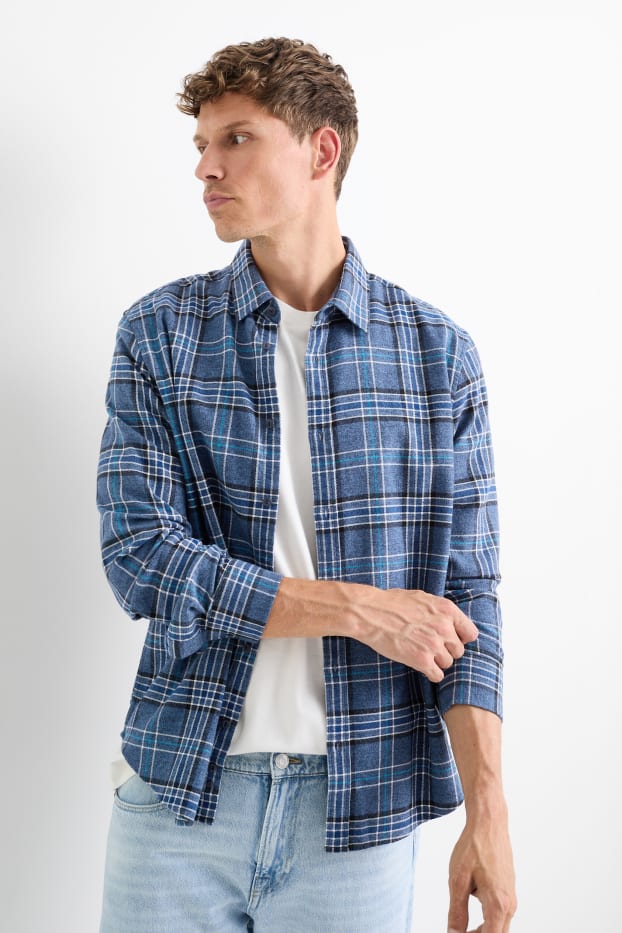 Uomo - Camicia - regular fit - collo all'italiana - a quadretti - blu scuro
