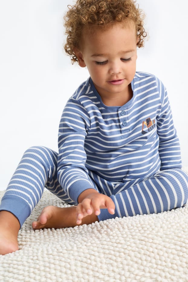 Kinder Jungen - Bagger - Pyjama - gerippt - 2 teilig - gestreift - blau / weiss