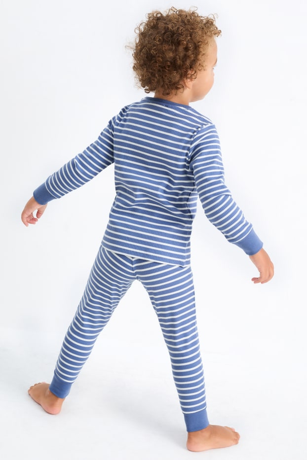 Kinder Jungen - Bagger - Pyjama - gerippt - 2 teilig - gestreift - blau / weiss