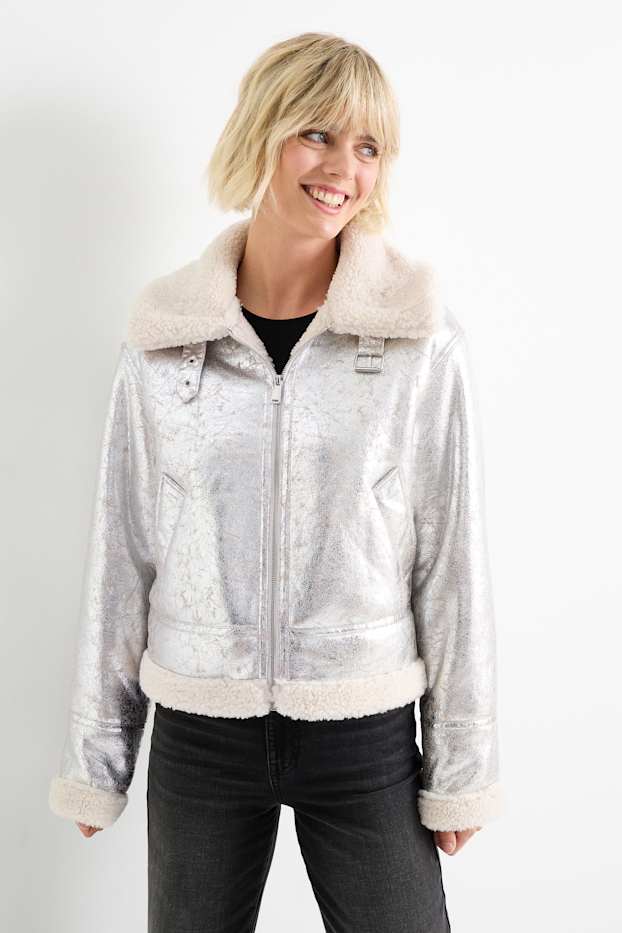 Mujer - Chaqueta de borrego - polipiel - con brillos - plateado