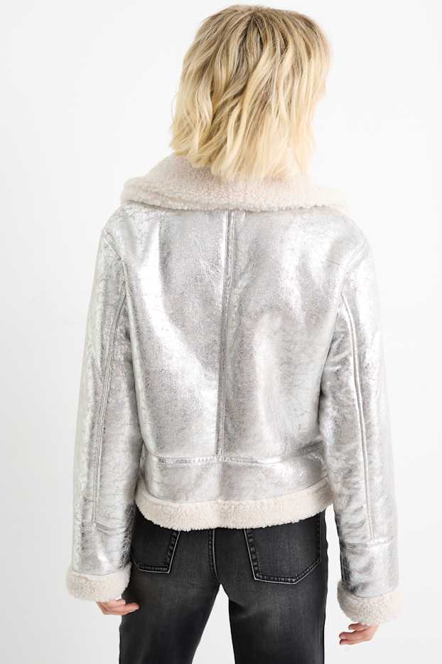 Mujer - Chaqueta de borrego - polipiel - con brillos - plateado