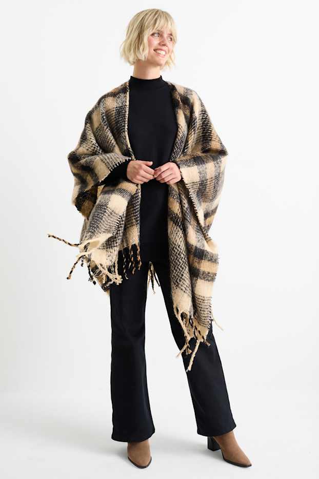 Damen - Poncho - kariert - schwarz