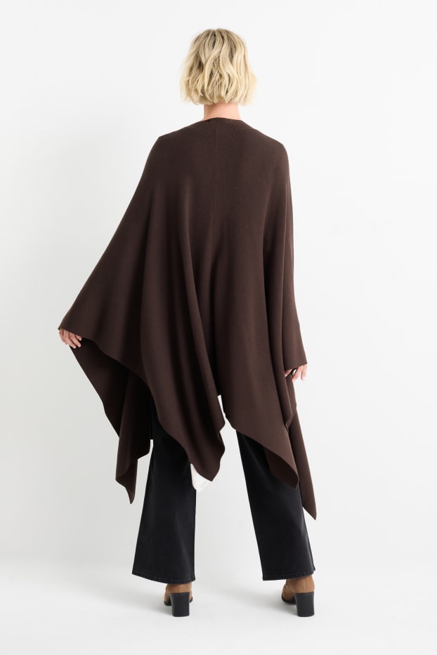 Women - Knitted poncho - dark brown