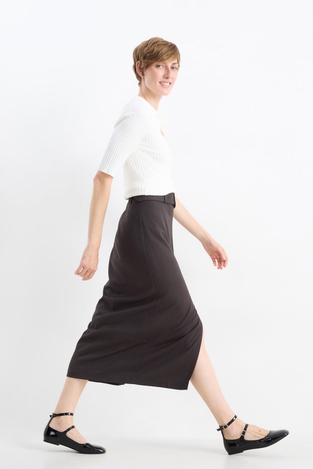 Femmes - Jupe crayon avec ceinture - rayures fines - gris foncé