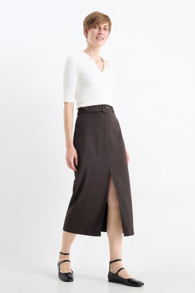 Femmes - Jupe crayon avec ceinture - rayures fines - gris foncé