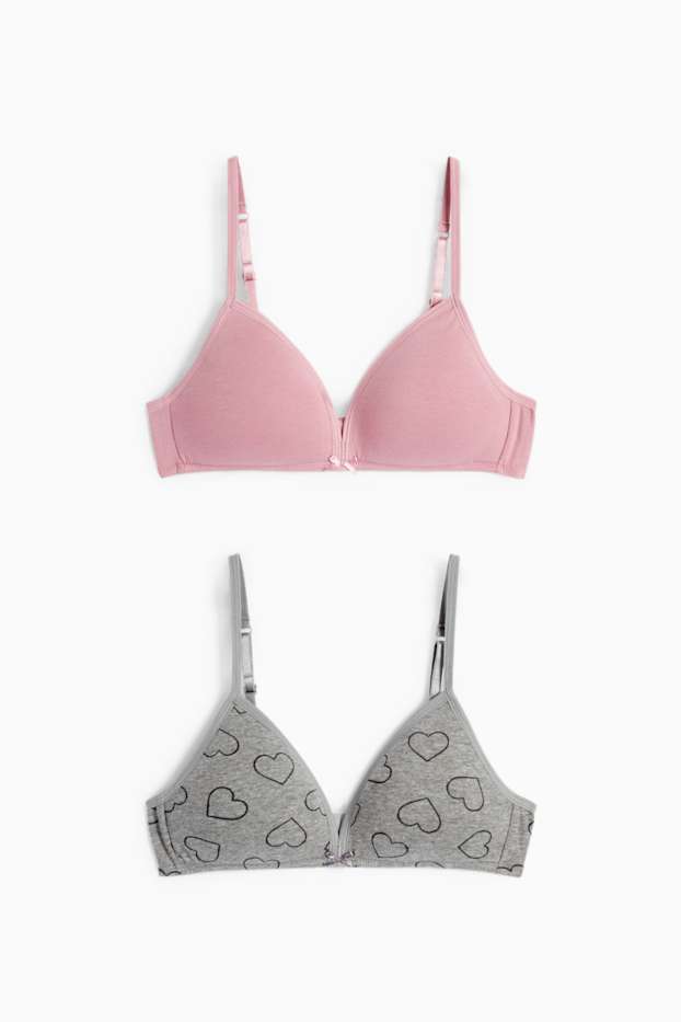 Enfants filles - Lot de 2 - cœurs - soutiens-gorge sans armature - rembourrés - gris / rose