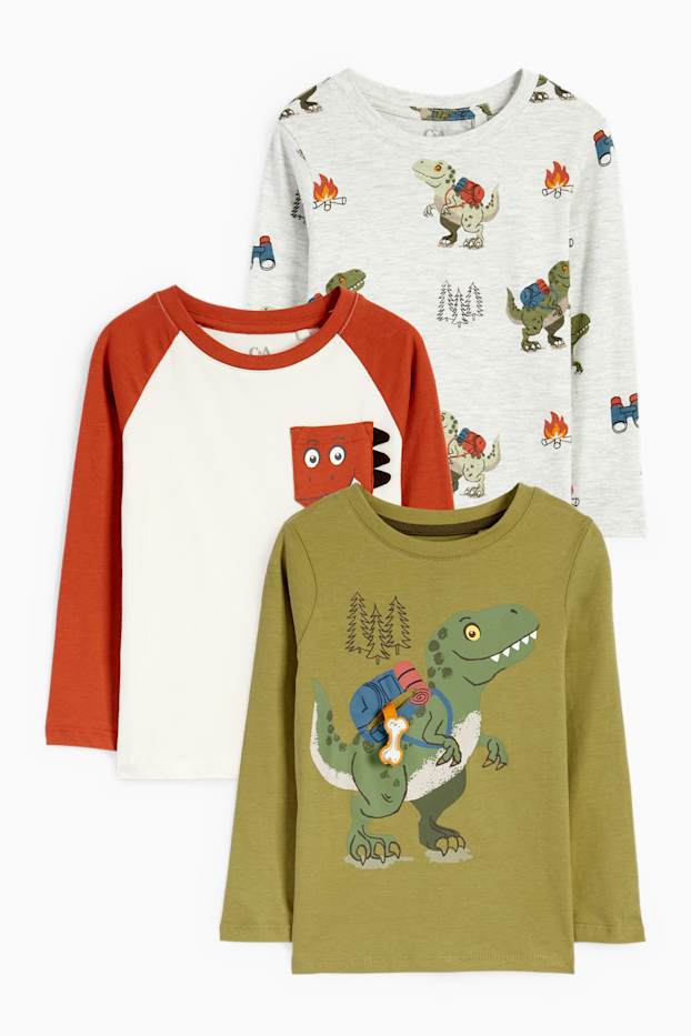 Bambini - Confezione da 3 - dinosauri - maglia a maniche lunghe - verde