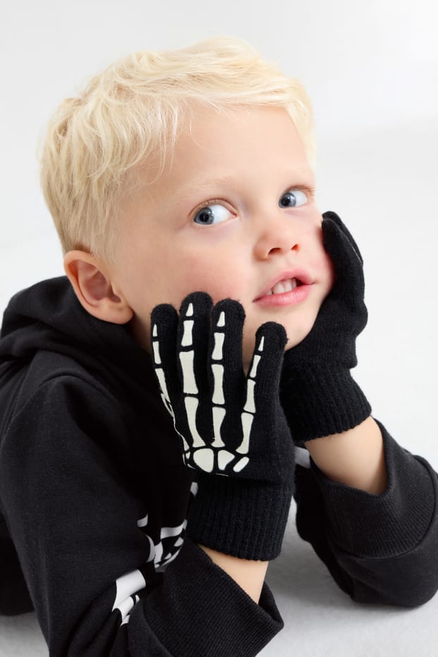 Bambini - Scheletro - set - felpa con cappuccio e guanti - Glow in the dark - nero