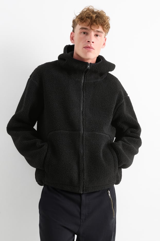 Herren - Teddy-Jacke mit Kapuze - schwarz