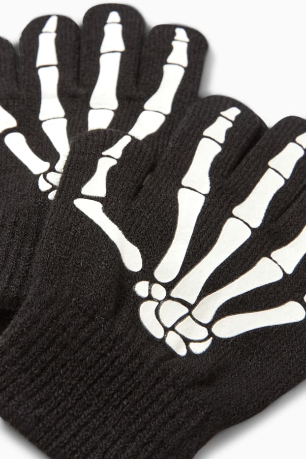 Children Boys - Halloween - skeleton - knitted gloves - glow-in-the-dark - black