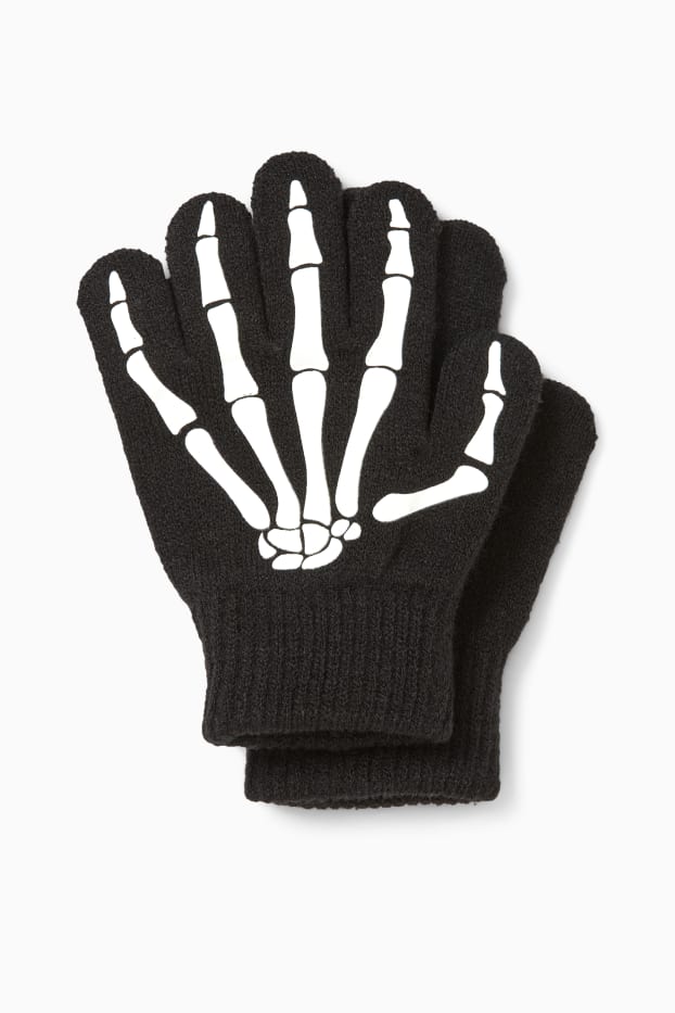 Children Boys - Halloween - skeleton - knitted gloves - glow-in-the-dark - black