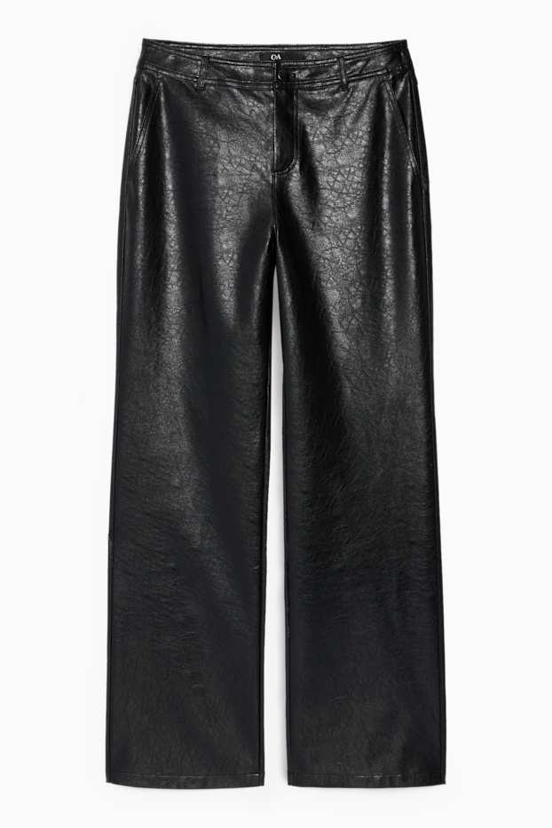 Women - Trousers - mid-rise waist - wide leg - faux leather - black