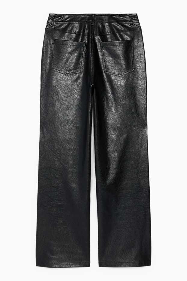Women - Trousers - mid-rise waist - wide leg - faux leather - black