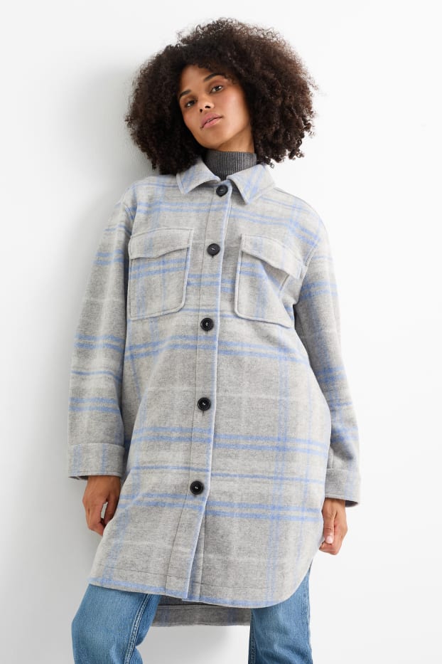 Dames - Mantel - geruit - lichtgrijs