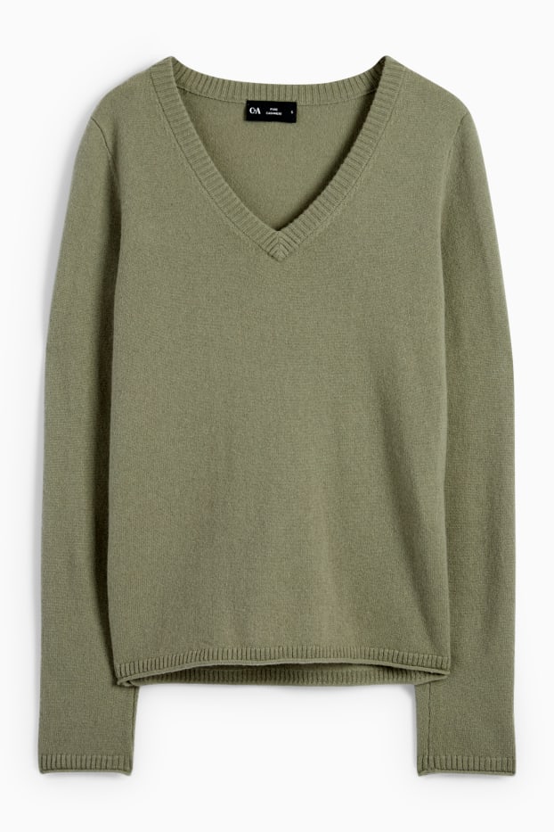 Damen - Kaschmir-Pullover mit V-Ausschnitt - khaki