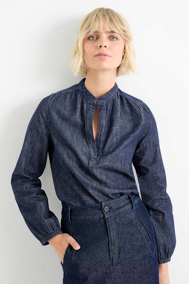 Dona - Camisa texana amb el coll en punta - texà blau fosc