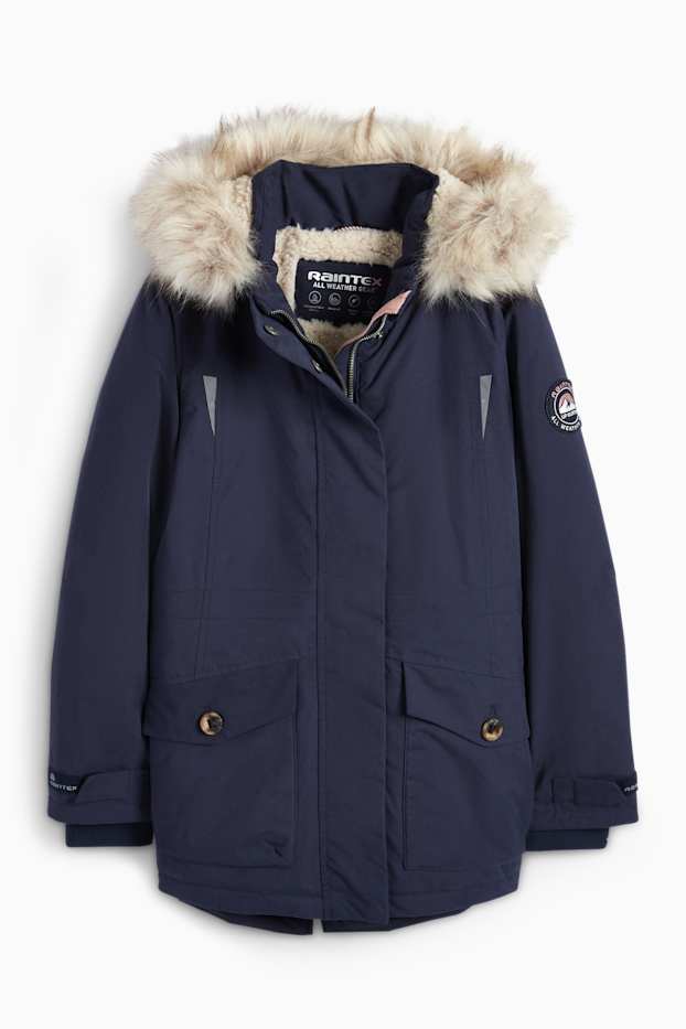 Bambine - Giacca con cappuccio ed ecopelliccia - impermeabile - blu scuro