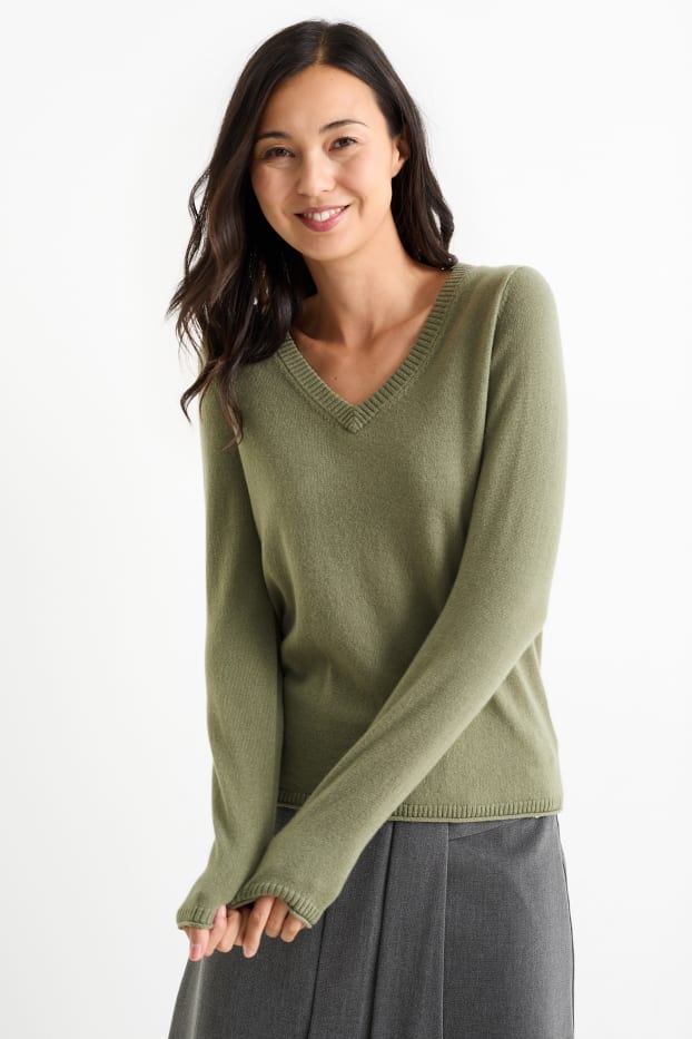 Damen - Kaschmir-Pullover mit V-Ausschnitt - khaki