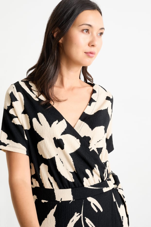 Mujer - Vestido cruzado - de flores - negro / beis
