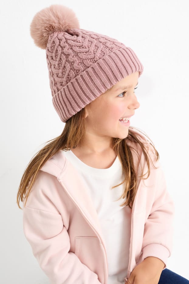 Children Girls - Pom-pom hat - cable knit pattern - dark rose