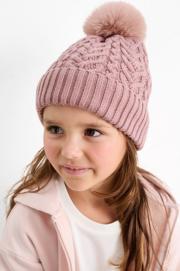Children Girls - Pom-pom hat - cable knit pattern - dark rose