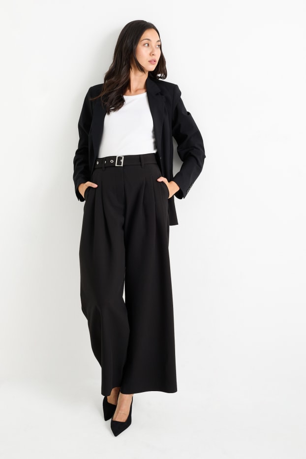 Damen - Stoffhose mit Gürtel - High Waist - Wide Leg - schwarz