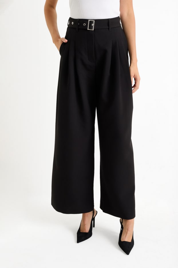 Damen - Stoffhose mit Gürtel - High Waist - Wide Leg - schwarz